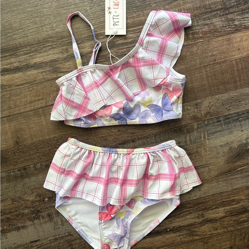 Petit Lucette Pink Plaid Kids Swim Set